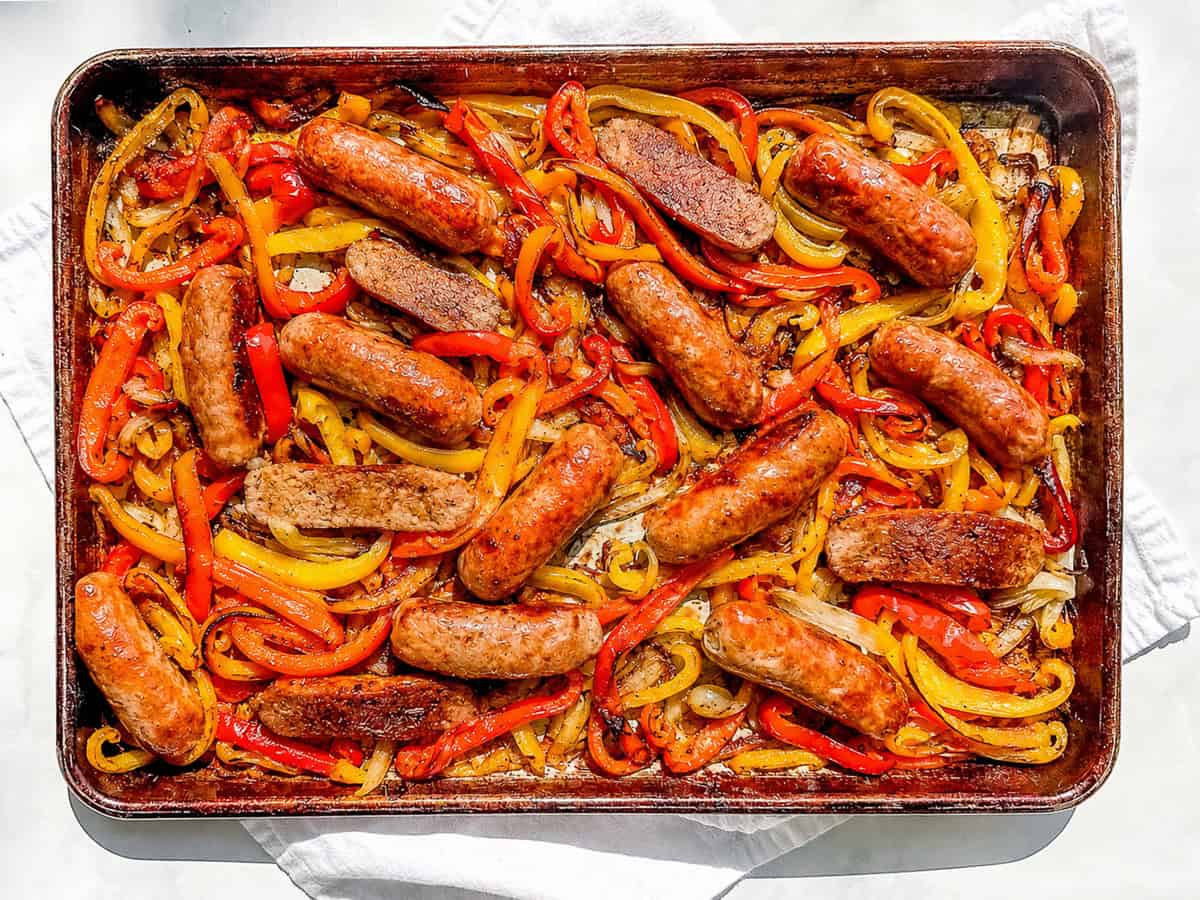 Sausage and peppers on a sheet pan.