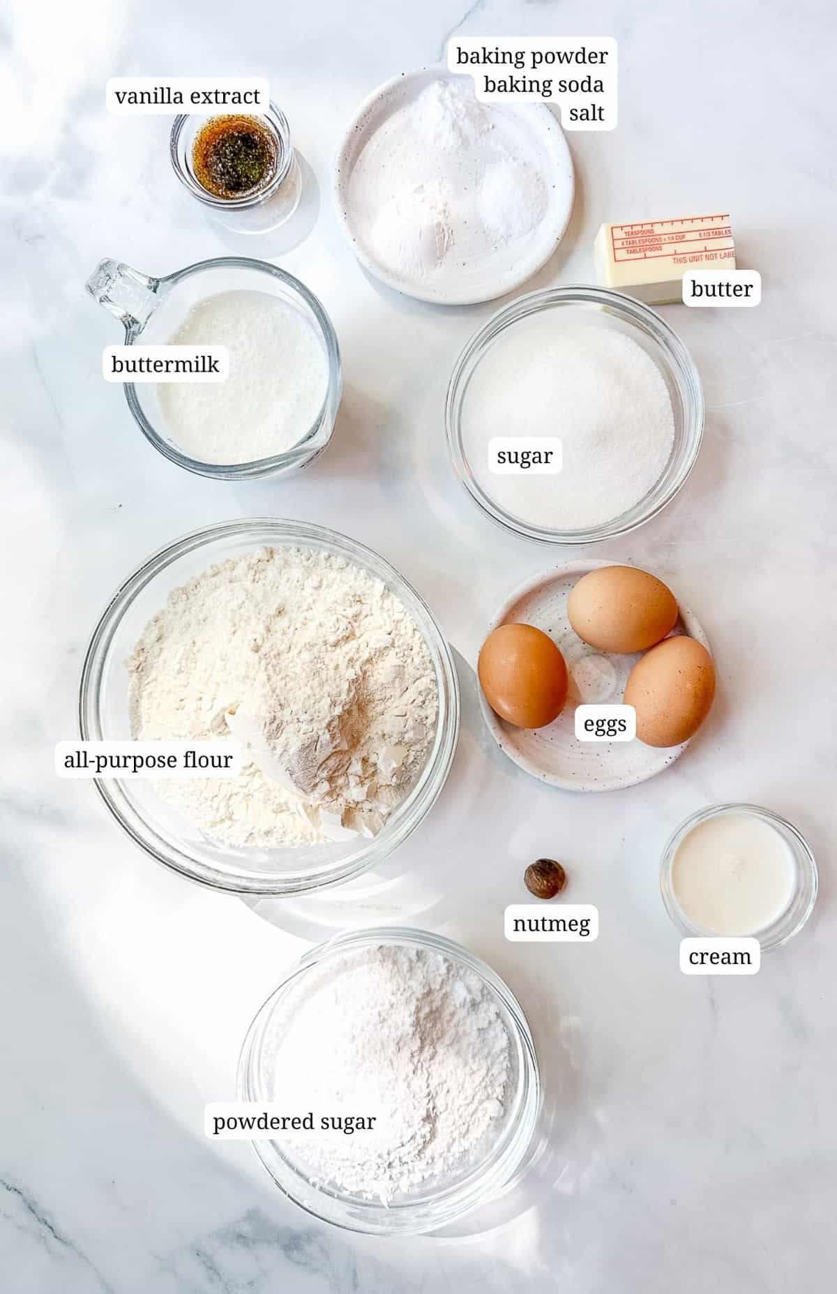 Labeled image of ingredients for old fashioned buttermilk donuts.