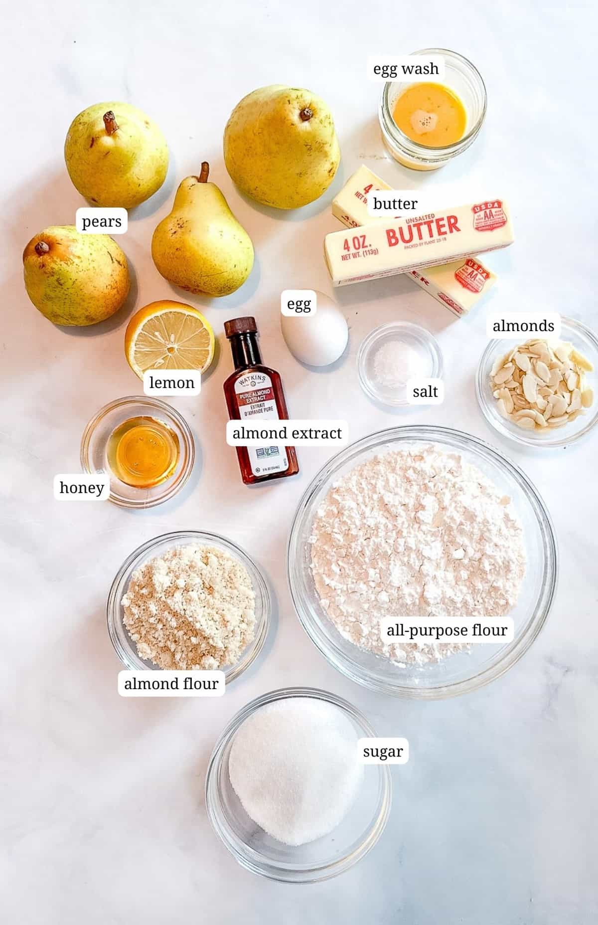 Labeled image of ingredients for pear frangipane galette.