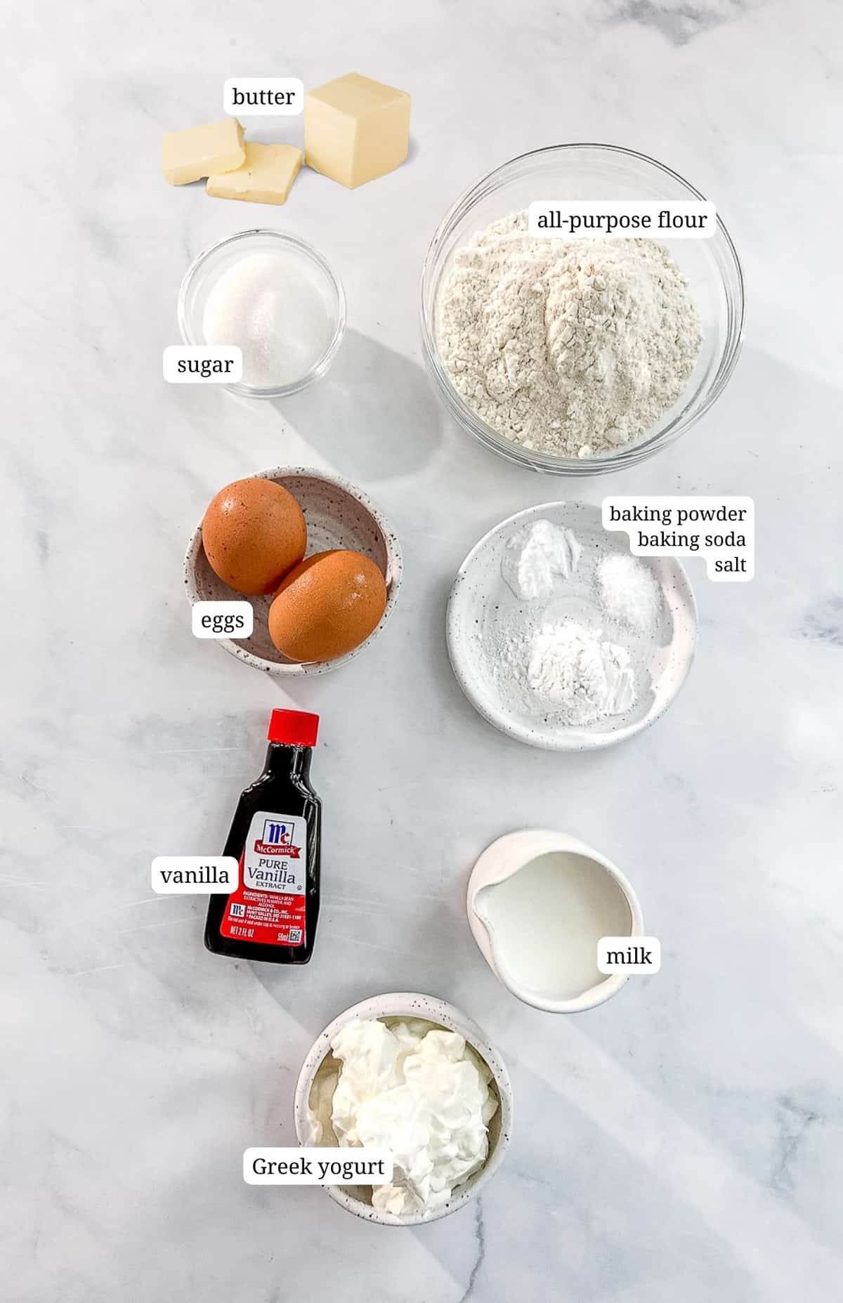 Labeled image of ingredients to make greek yogurt pancakes.