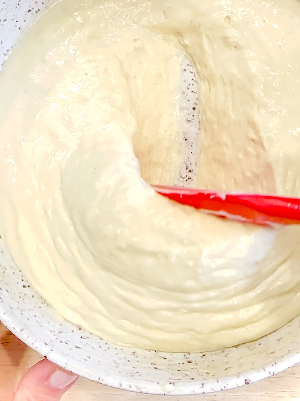 Mixing yogurt pancake batter.