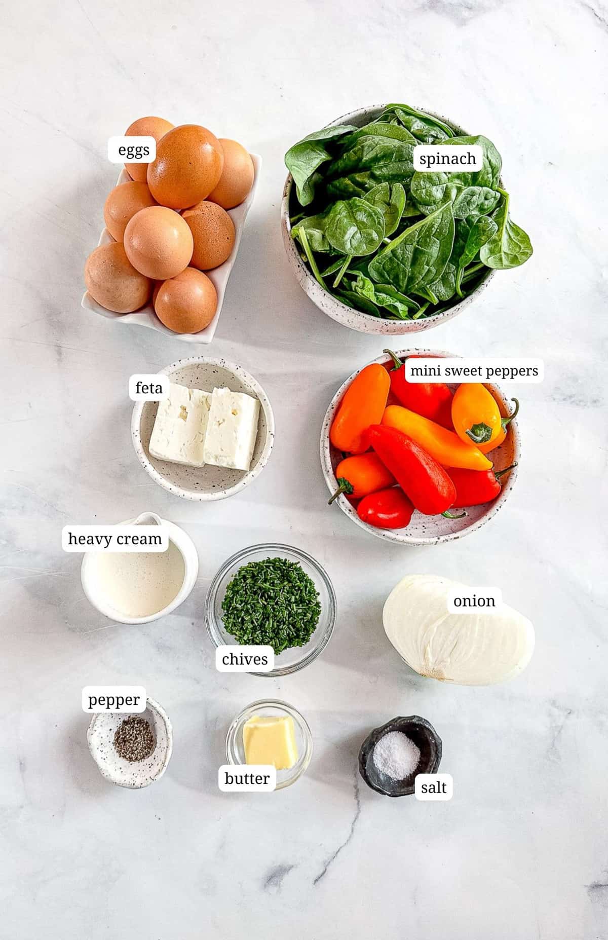 Labeled image of ingredients to make muffin pan frittatas.