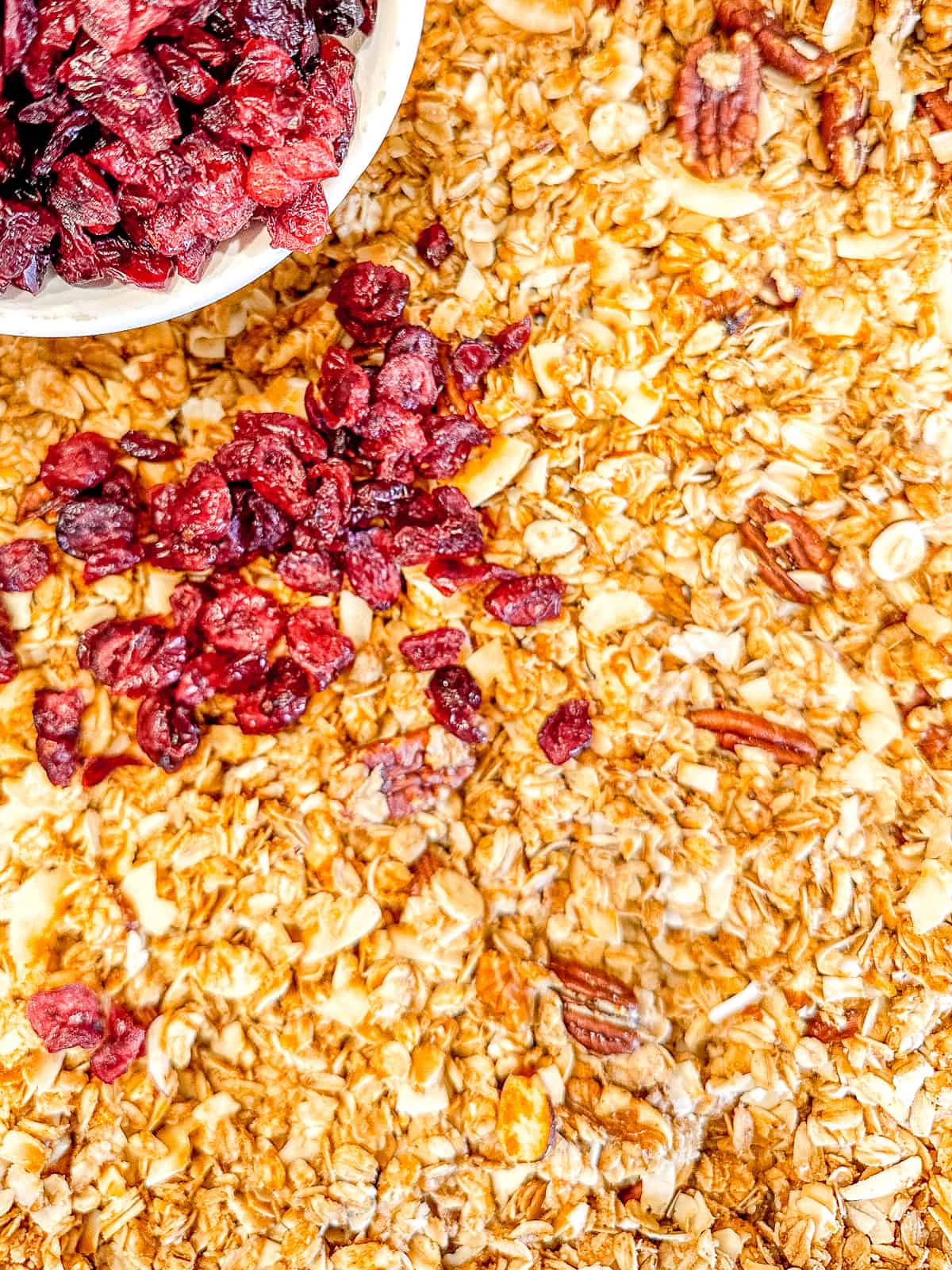 Adding cranberries to baked granola.