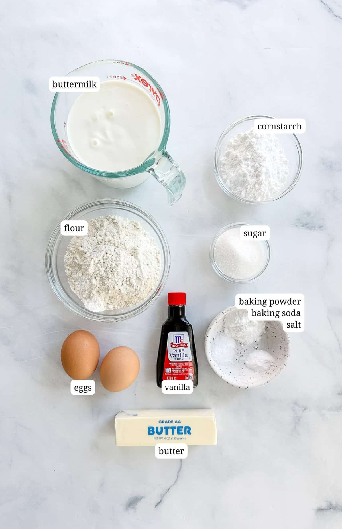 Labeled image of ingredients to make buttermilk waffles.