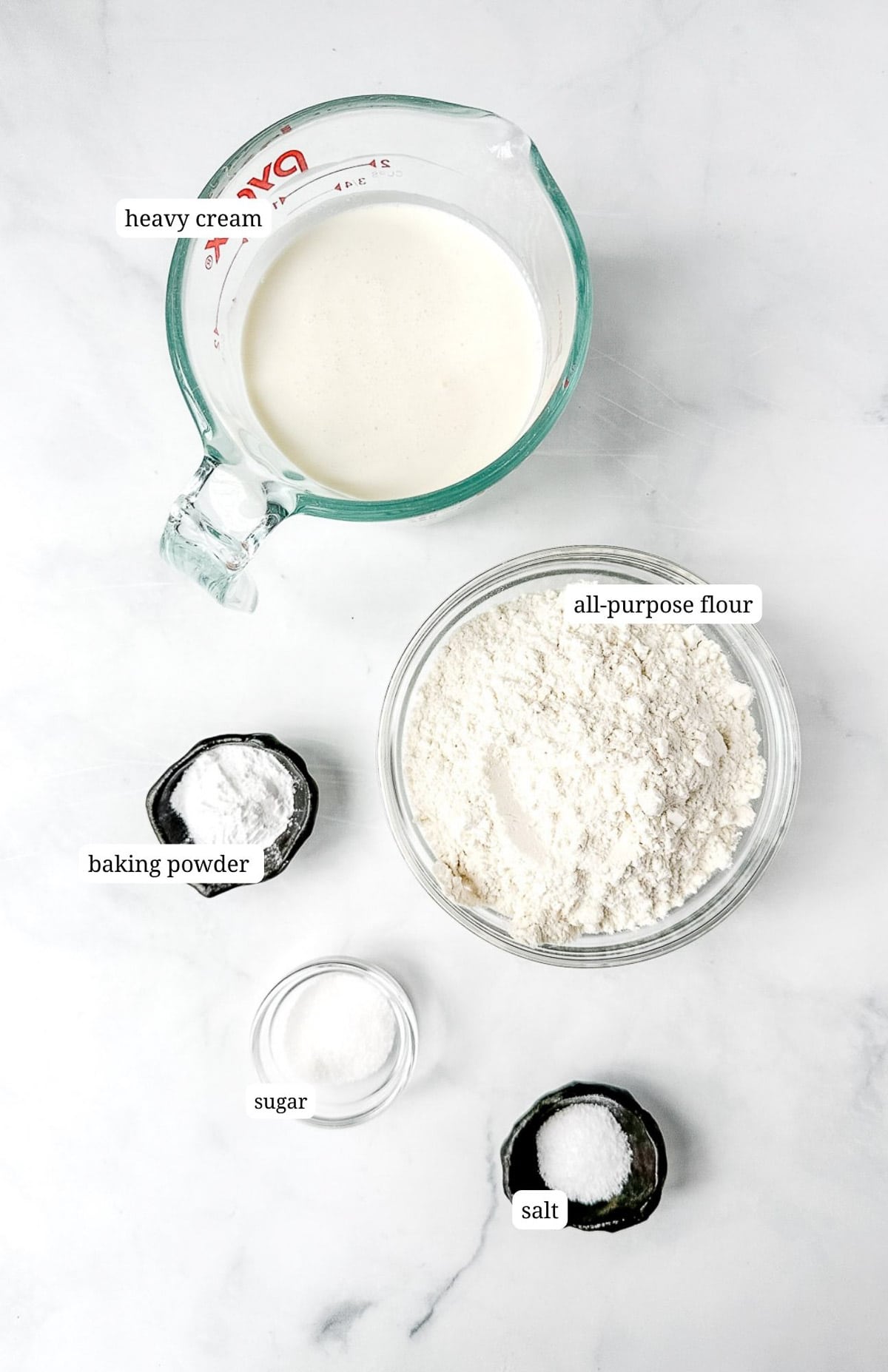 Labeled image of ingredients to make five ingredient cream biscuits.