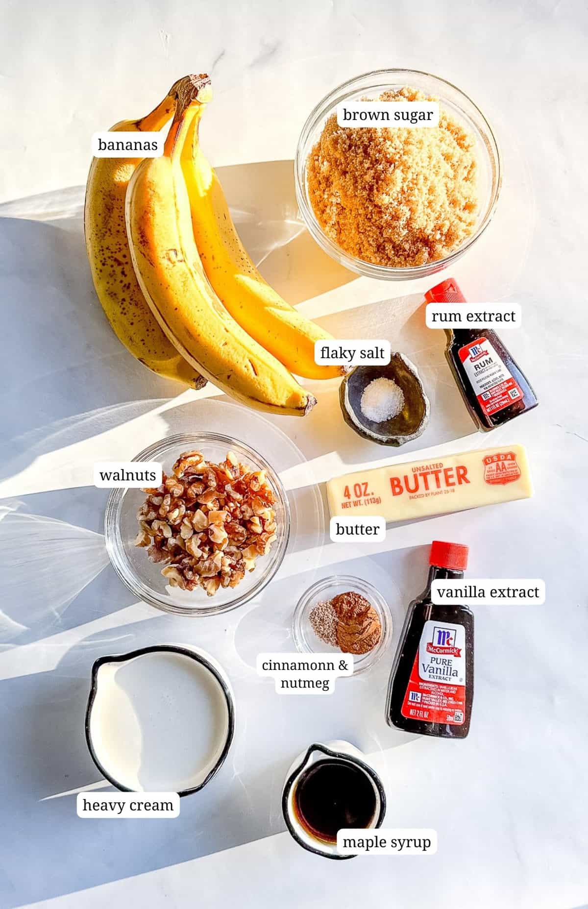 Labeled image of ingredients to make bananas, foster waffles.