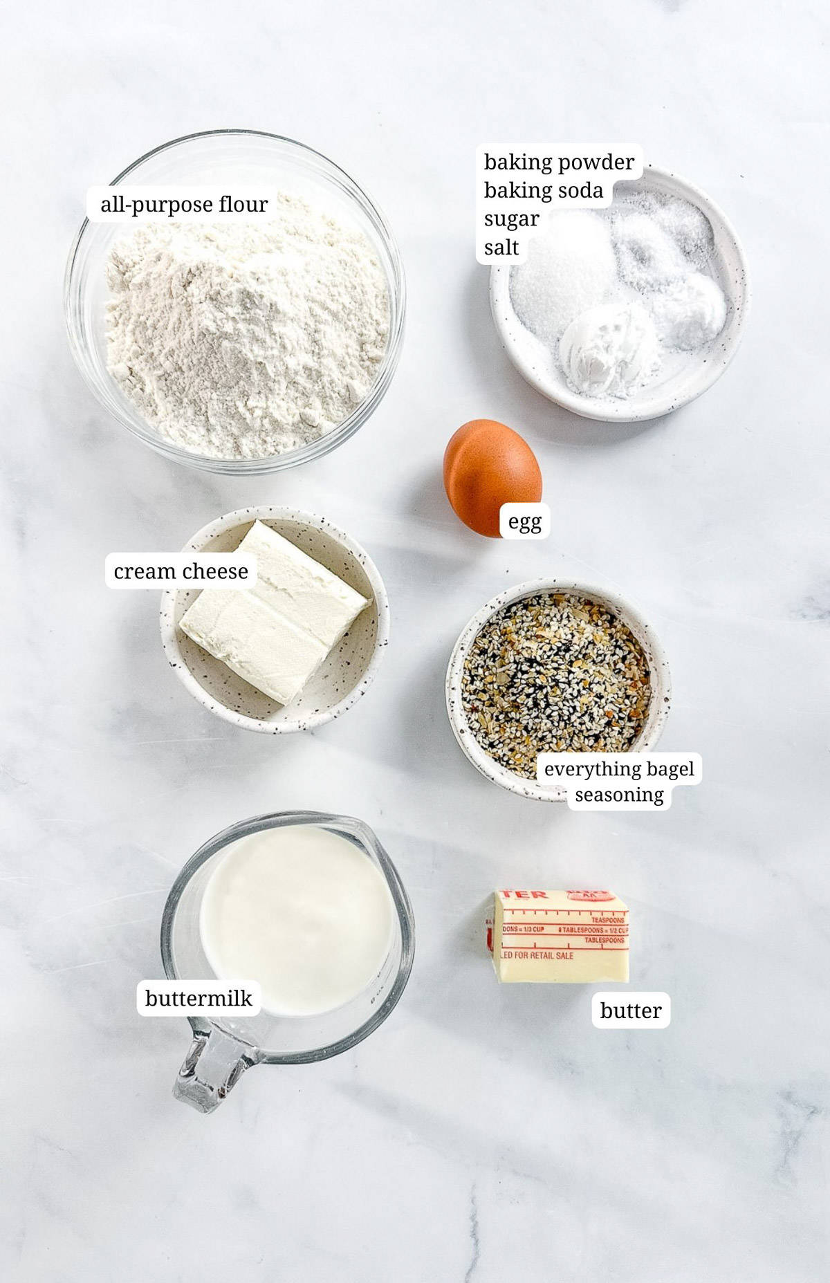 Labeled image of ingredients for everything bagel cream cheese biscuits.