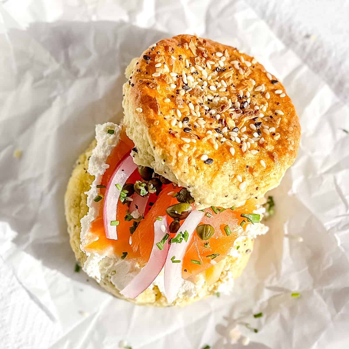 Everything cream cheese biscuit with cream cheese and smoked salmon.