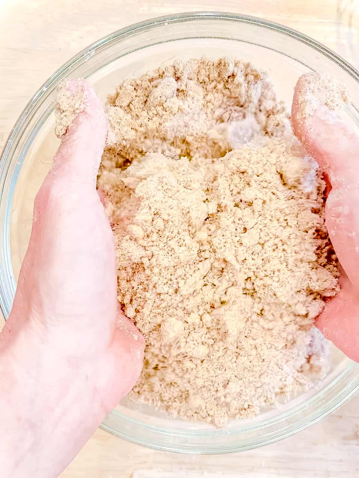 Properly mixed streusel with small and large chunks.