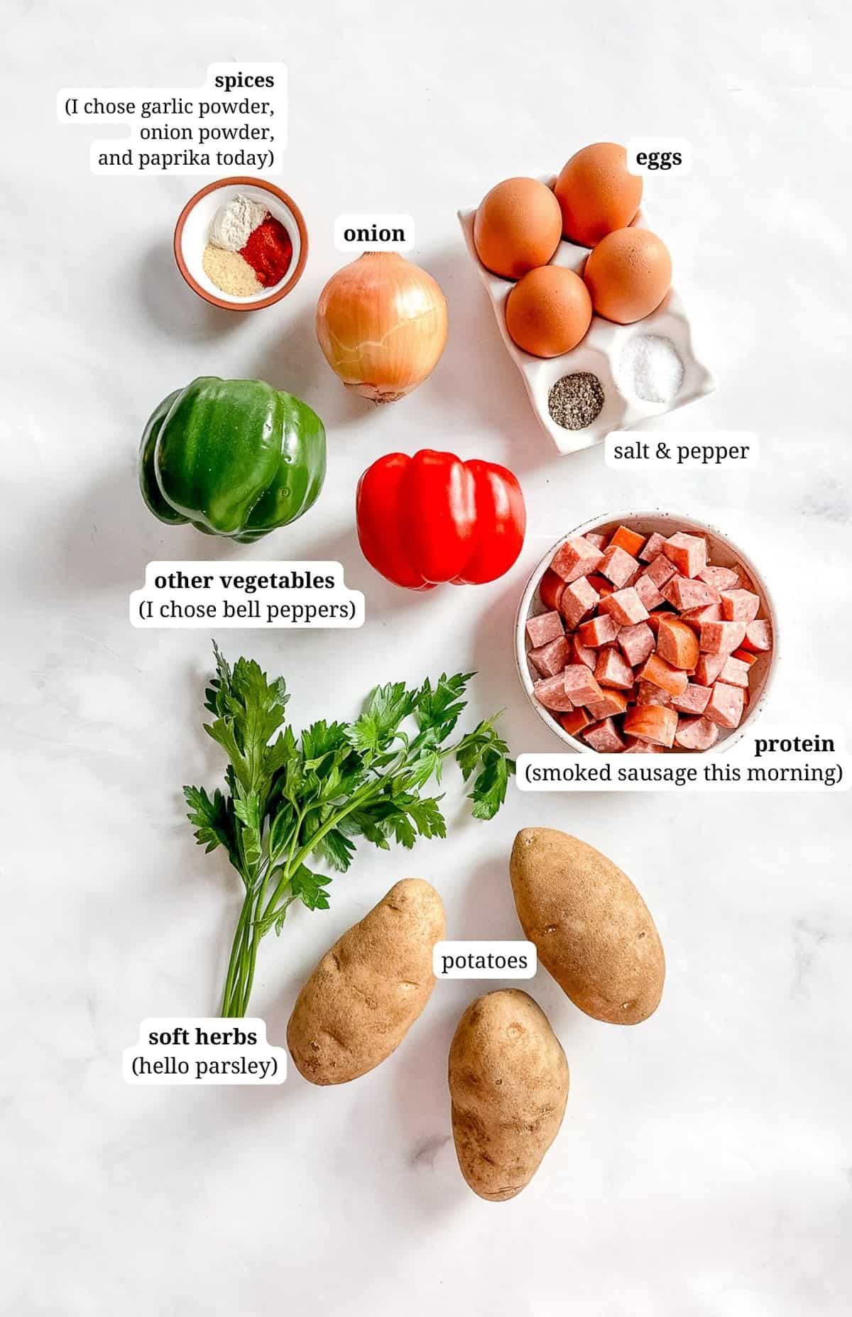 Ingredients to make breakfast potato hash.
