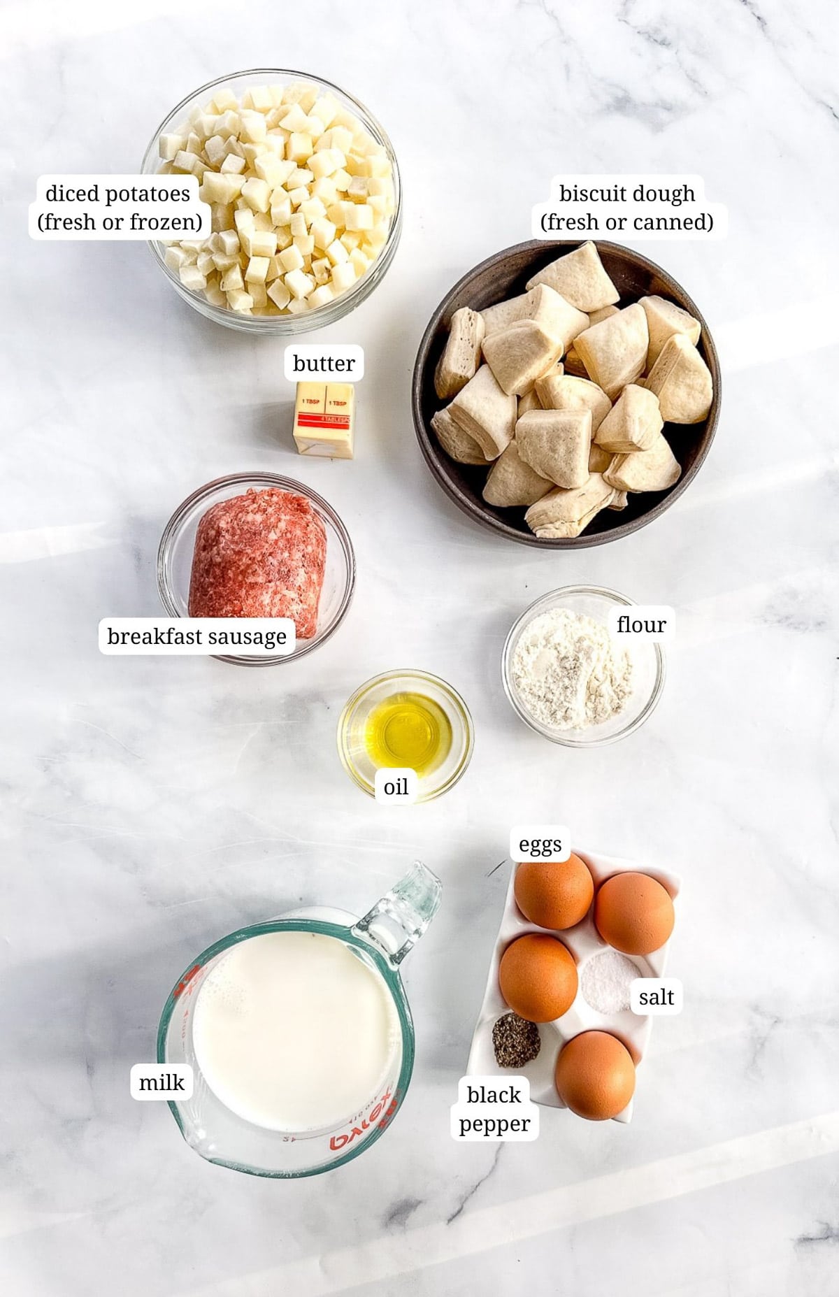 Labeled image of ingredients to make biscuits and gravy breakfast casserole.