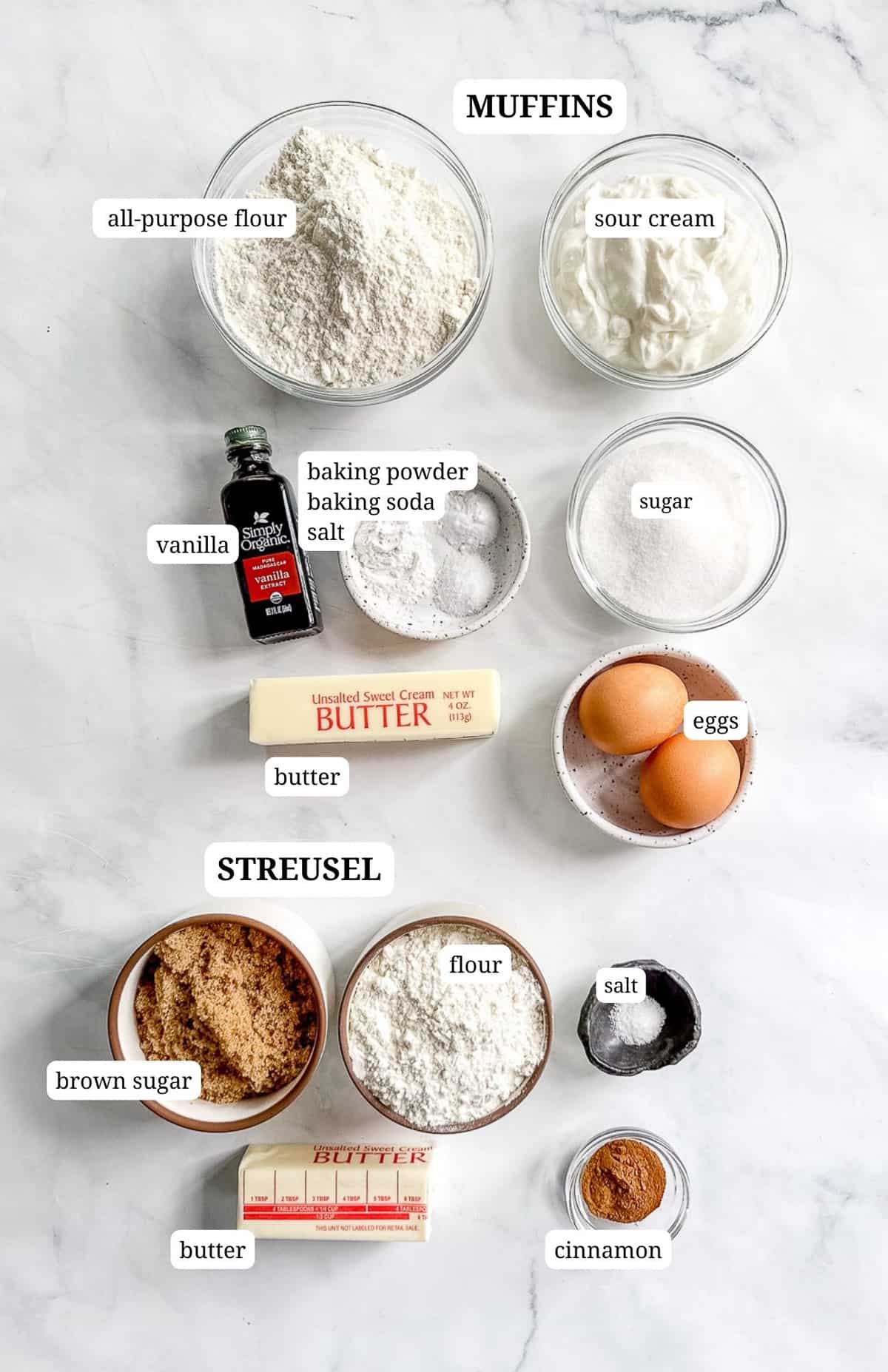 Ingredients to make sour cream coffee cake mufins.