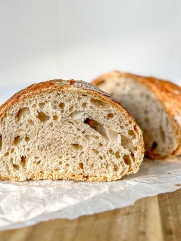 A loaf of no knead bread, sliced open.