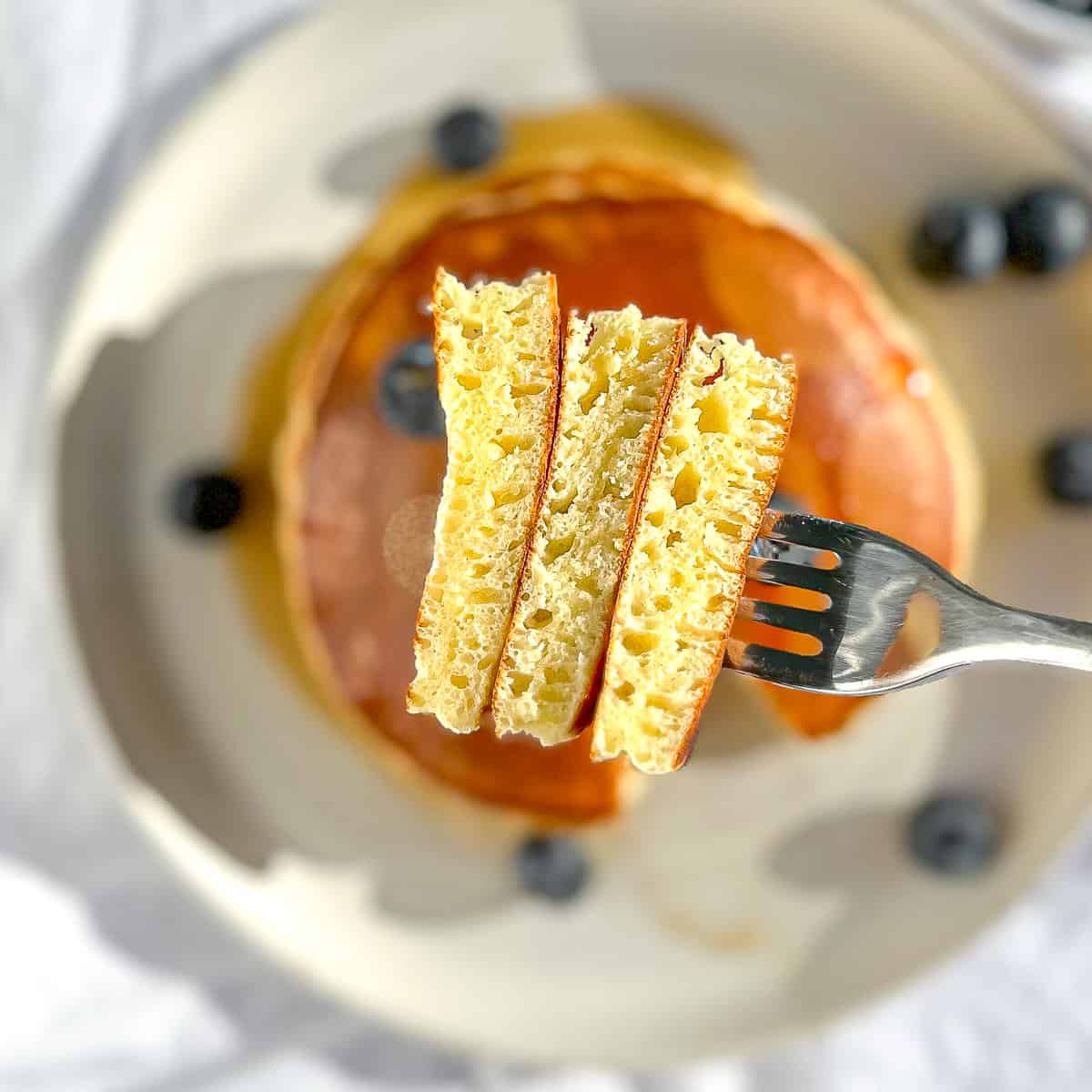 Closeup of a forkful of 3 ingredient pancakes.