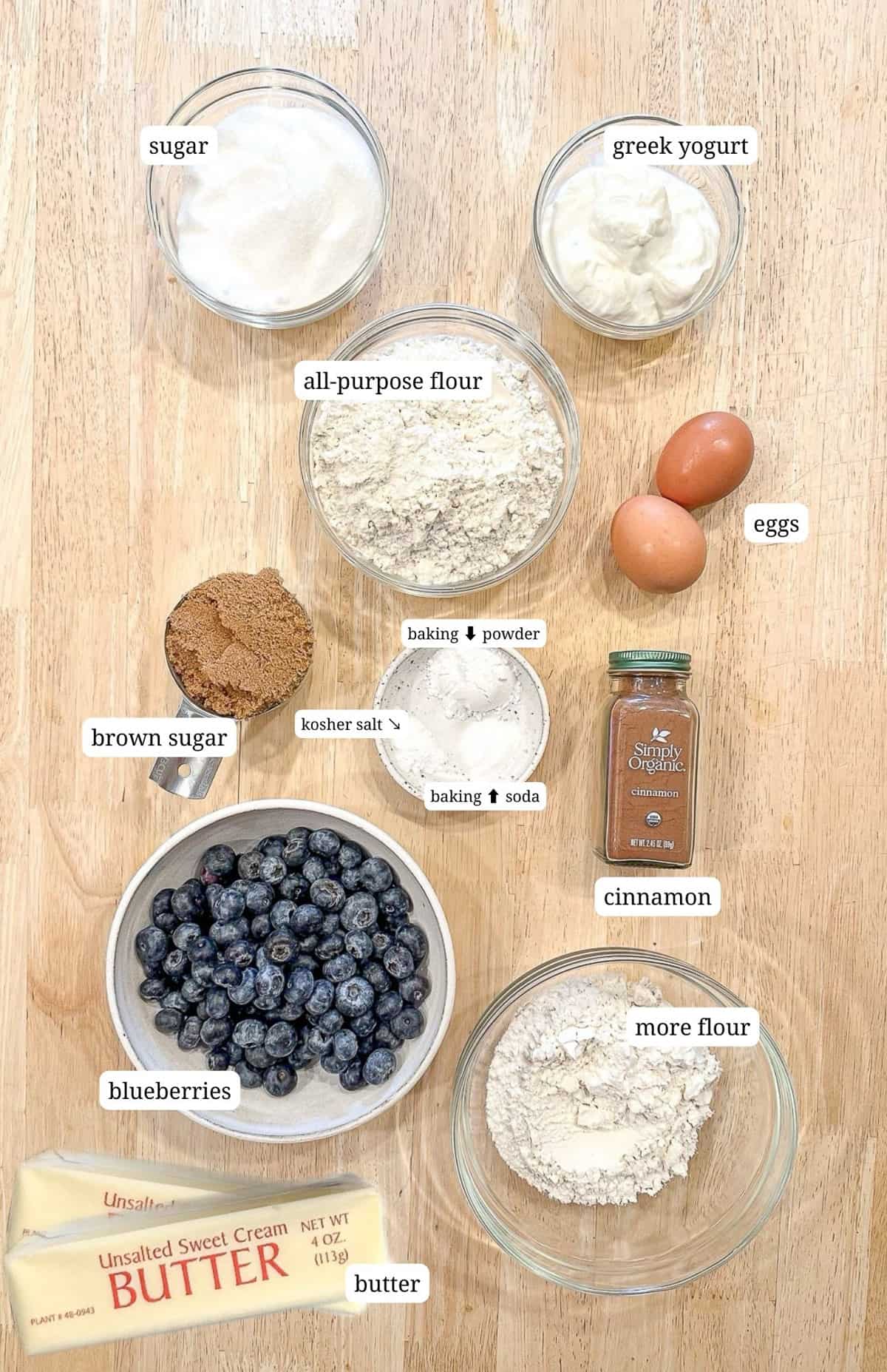 Labeled image of ingredients to make bakery style blueberry streusel muffins.