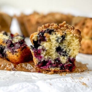 Interior image of a bakery style blueberry, streusel muffin.