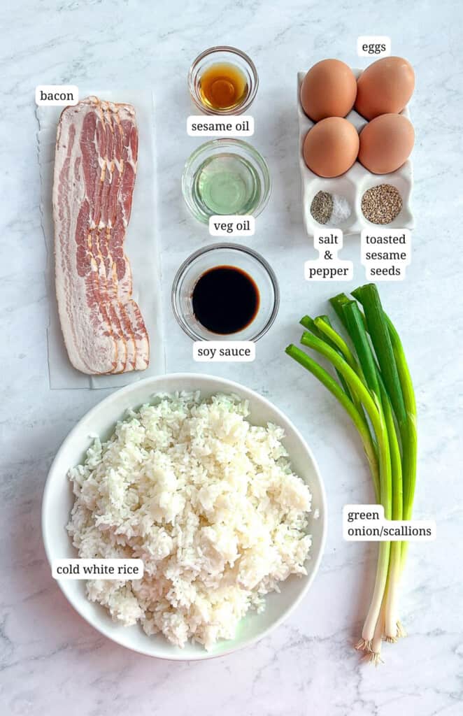 Labeled image of ingredients to make egg fried rice.
