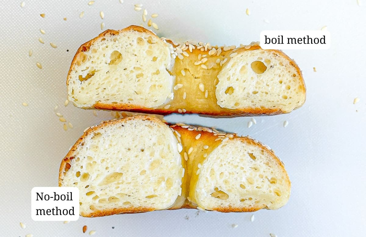 Image comparing 2 ingredient bagels that have been boiled with 2 ingredient bagels that have not been boiled.