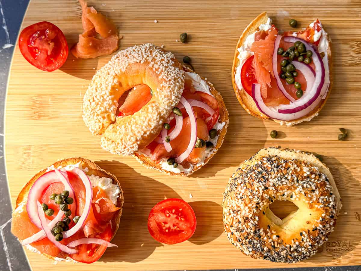 Bagels with cream cheese and lox.