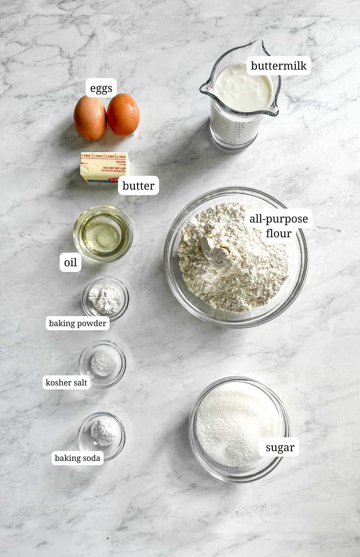 Labeled image of ingredients needed to make basic buttermilk muffins.