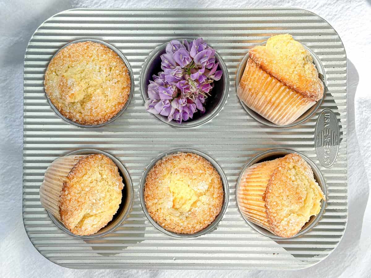 Basic buttermilk muffins in a muffin tin.