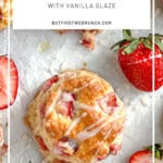 Pinterest image of a vanilla glazed strawberry biscuits.