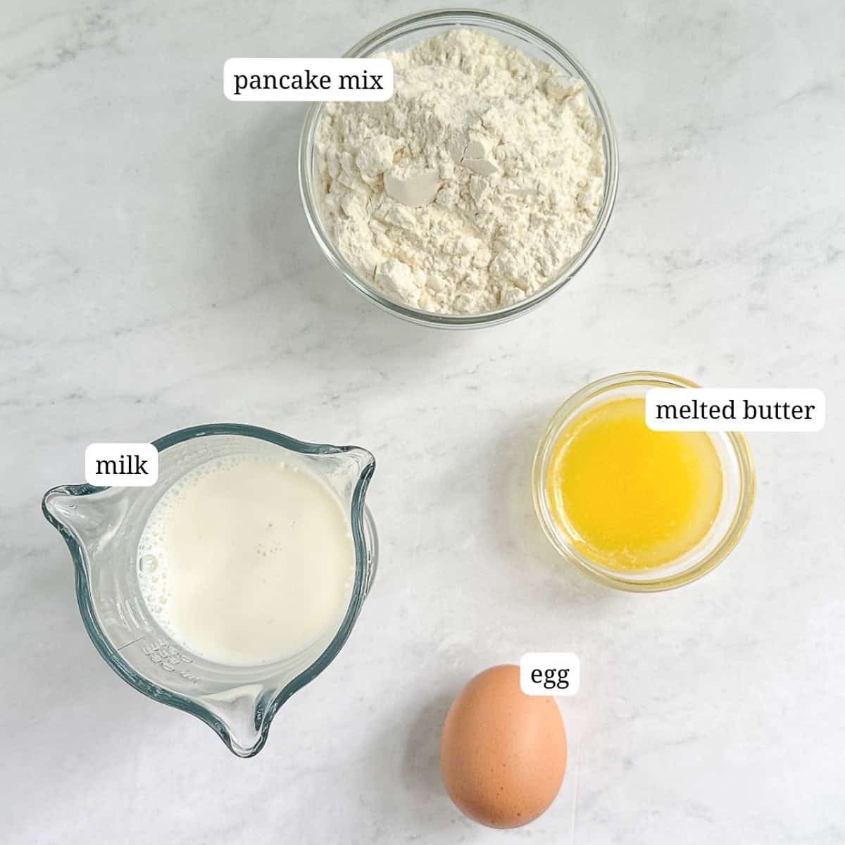 Labeled image of ingredients to make pancakes with homemade pancake mix.