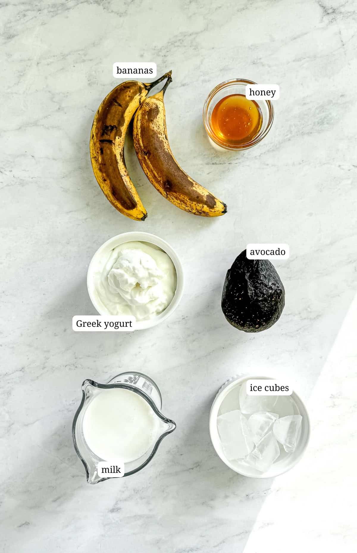 Labeled image of ingredients to make an avocado banana smoothie.