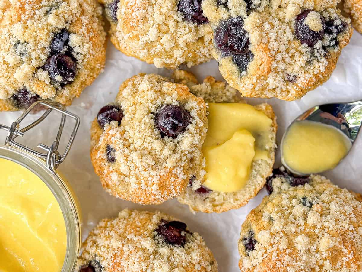 Blueberry muffin tops with lemon curd.