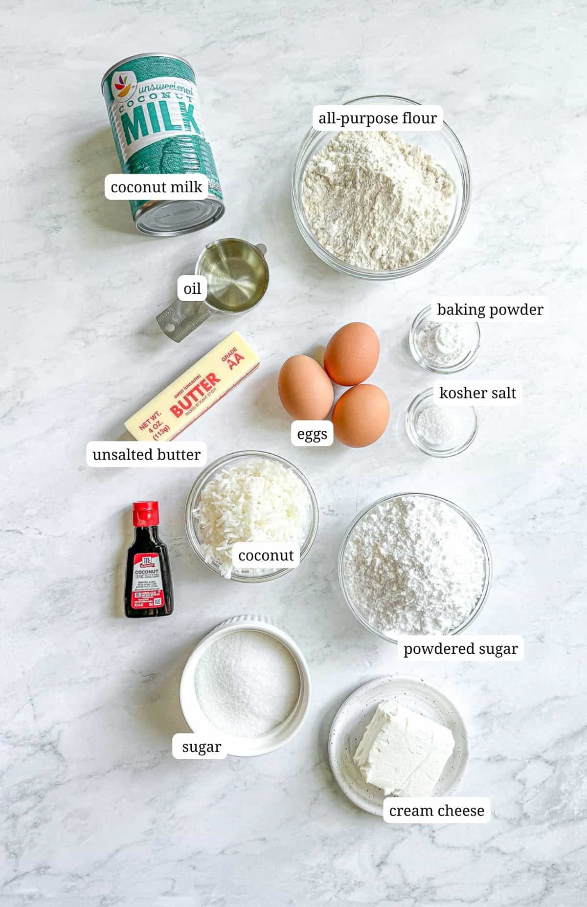 Image of ingredients to make coconut cloud cake.