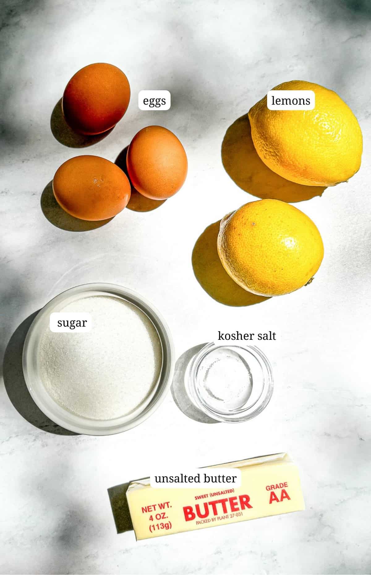 Labeled image of ingredients to make easy lemon curd.