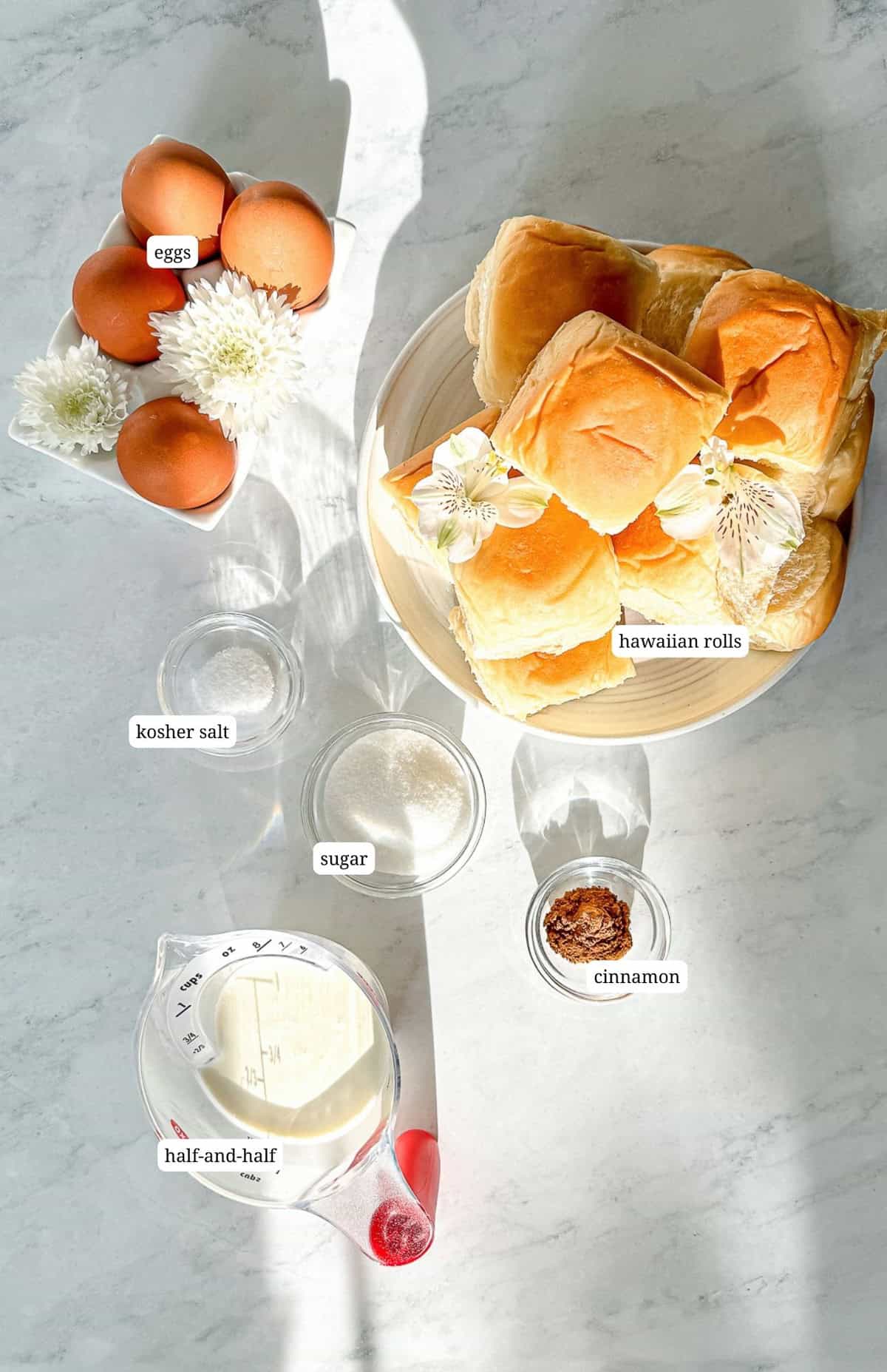 Labeled image of ingredients to make Hawaiian bread French toast.