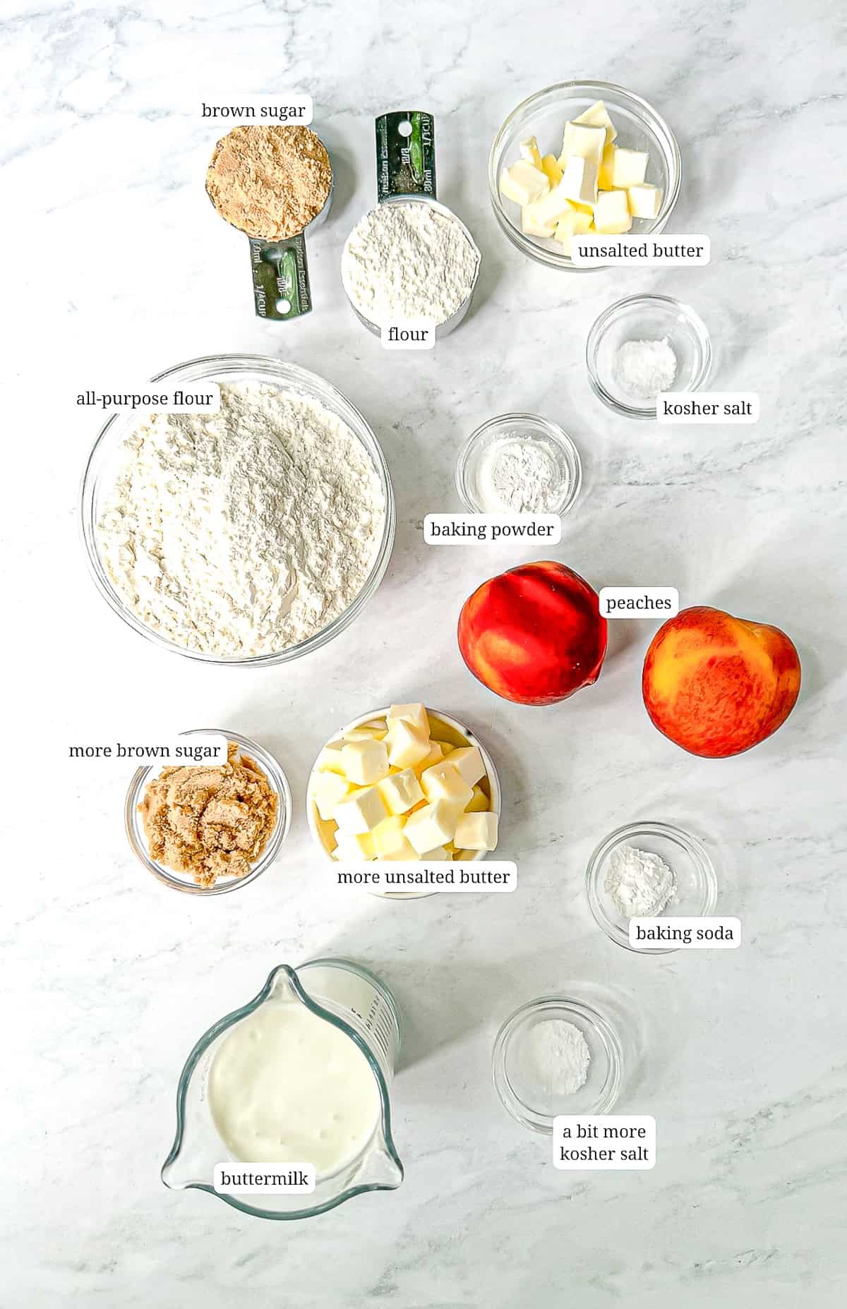 Labeled image of ingredients needed to make peach biscuits.