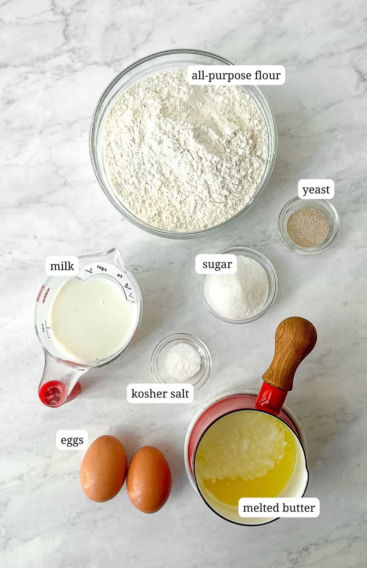 Labeled image of ingredients to make brioche dough.