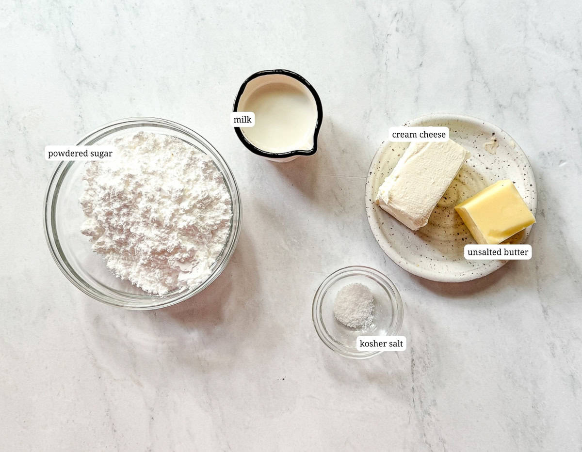 Labeled image of ingredients to make cream cheese icing.