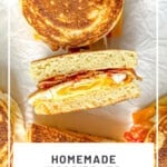 Pinterest image of a sliced homemade Mcgriddle.