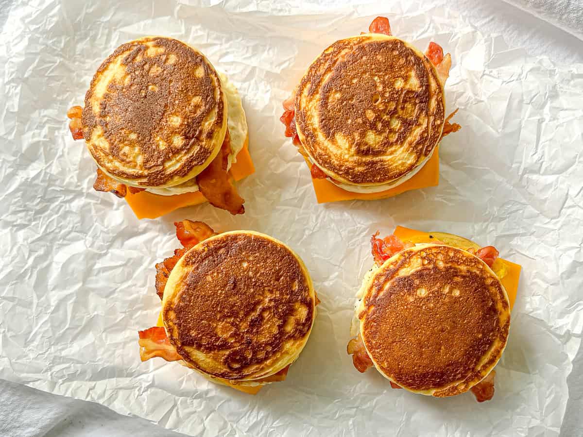 Homemade Mcgriddles on parchment paper.