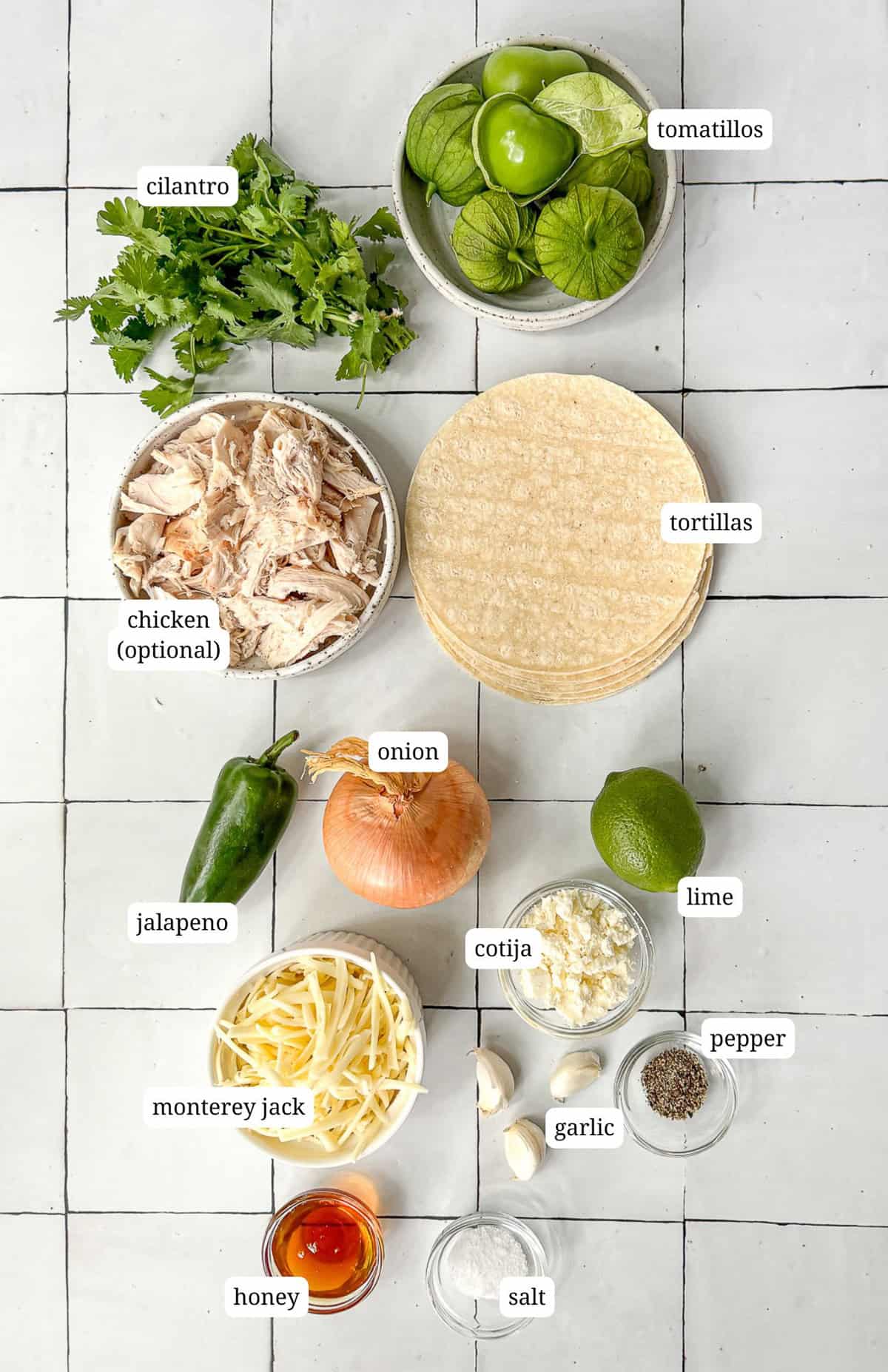 Labeled image of ingredients to make breakfast Chilaquiles Verde.