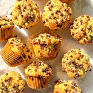 Chocolate chip muffins on a white background.