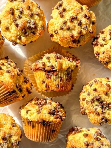 Chocolate chip muffins on a white background.