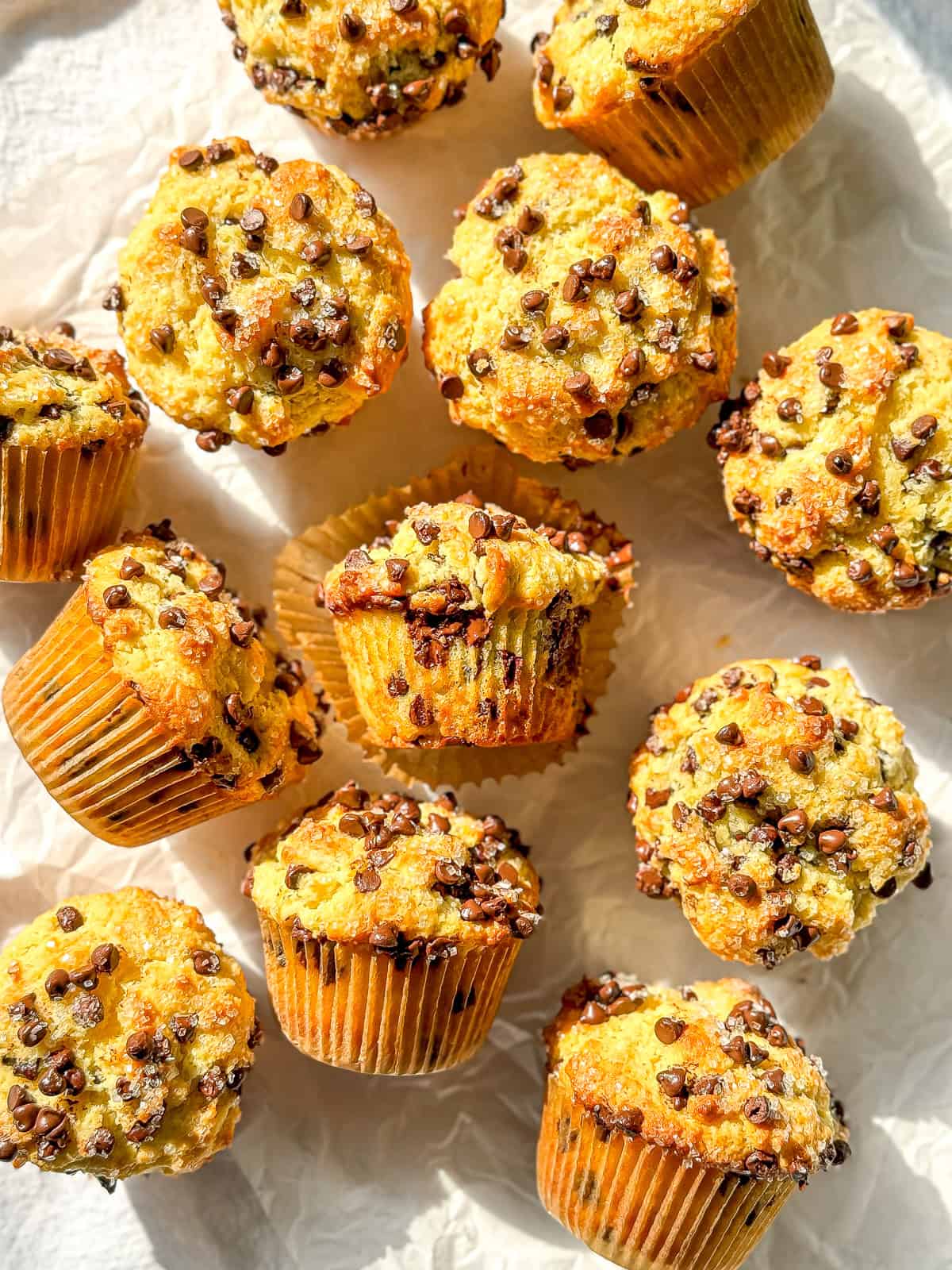 Chocolate chip muffins on a white background.