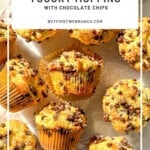 Pinterest image of easy Greek yogurt muffins with chocolate chips.