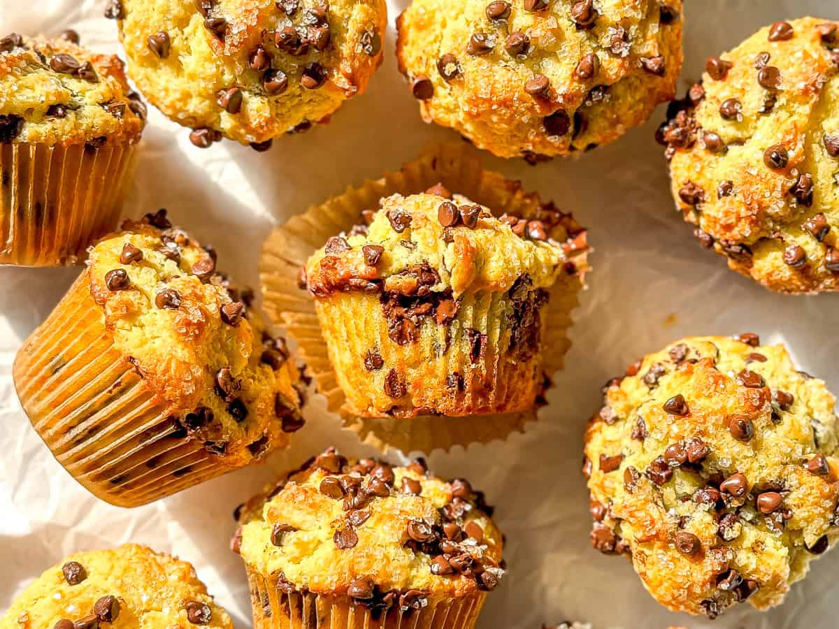 Easy Greek yogurt, muffins with chocolate chips on a white background.