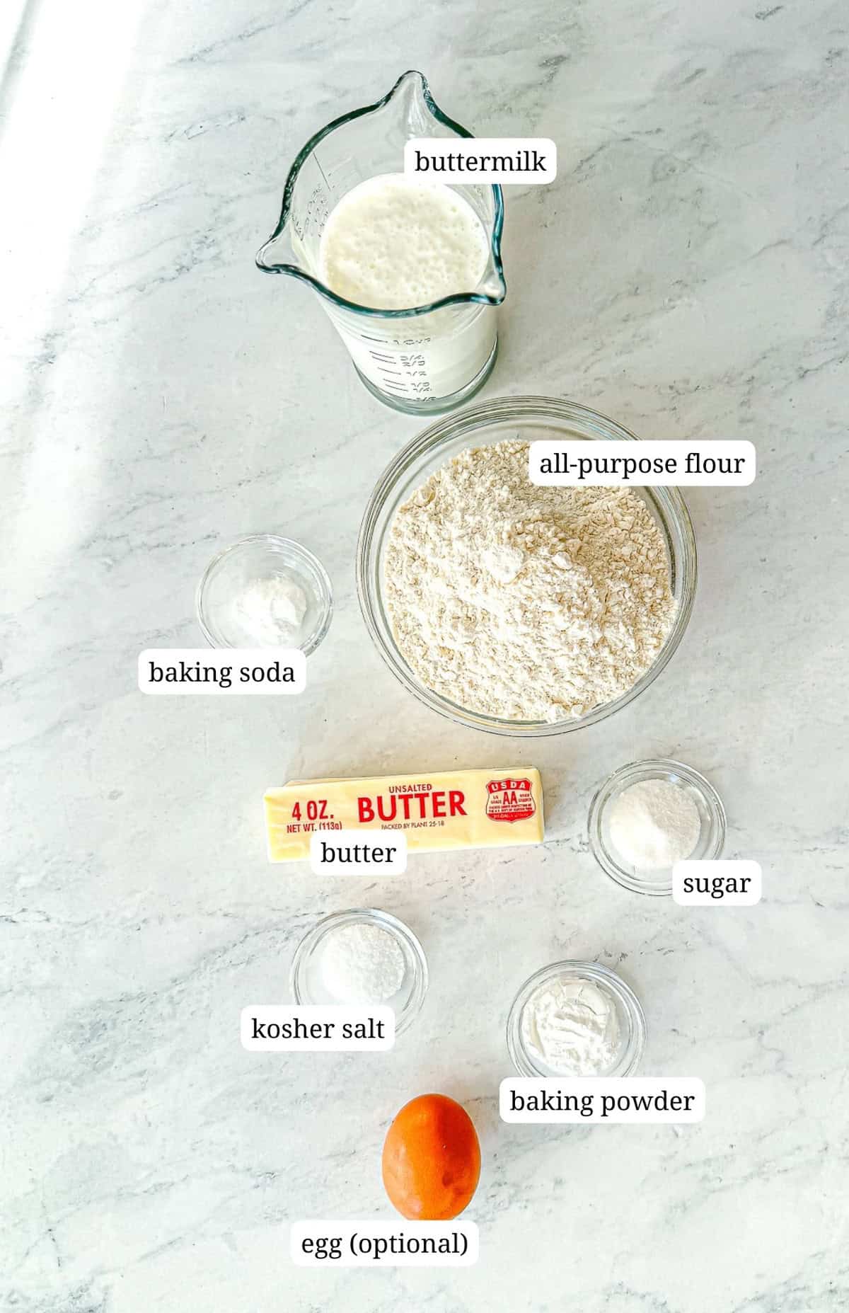 Ingredients needed to make quick and easy biscuits.