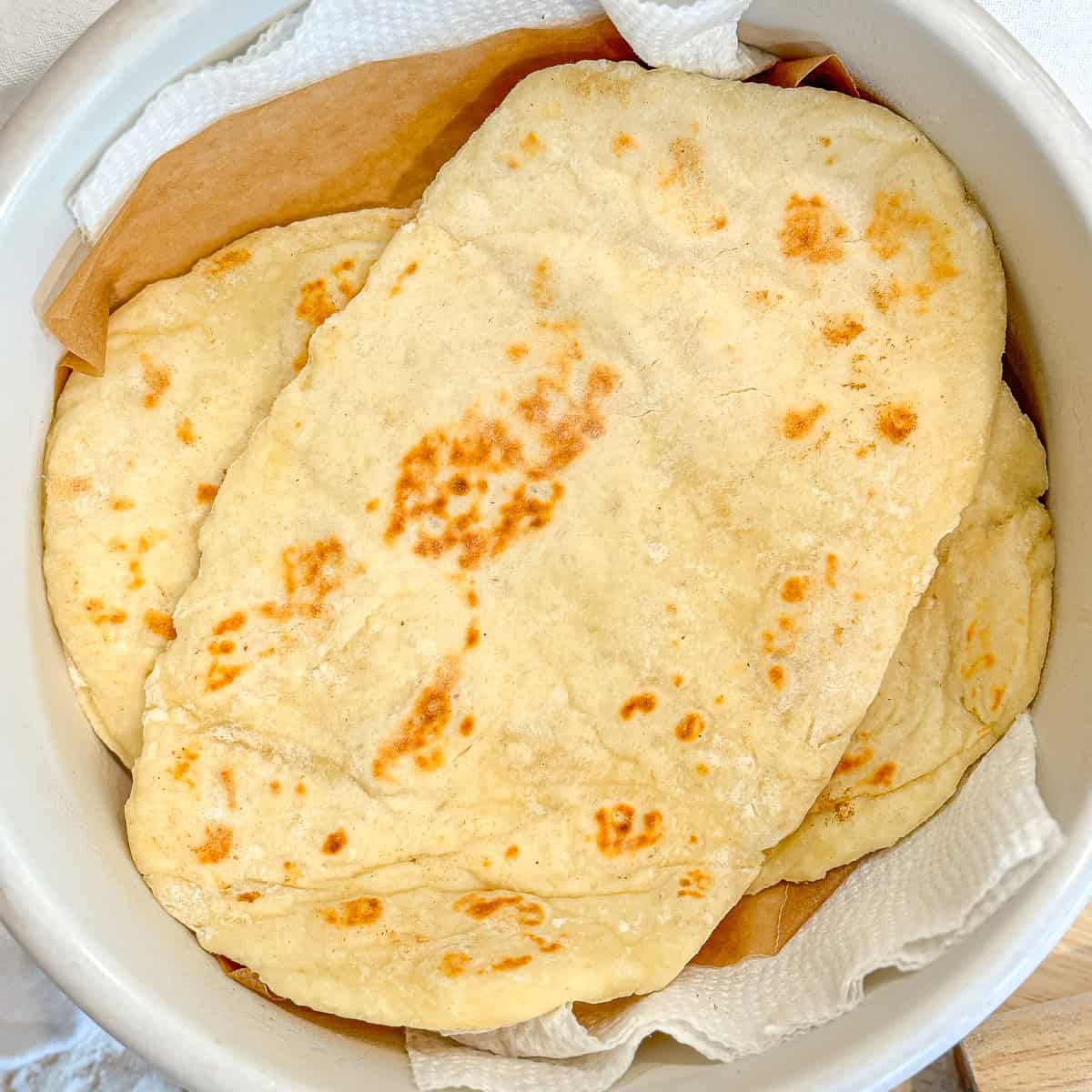 Two ingredient flatbread in a tortilla warmer.