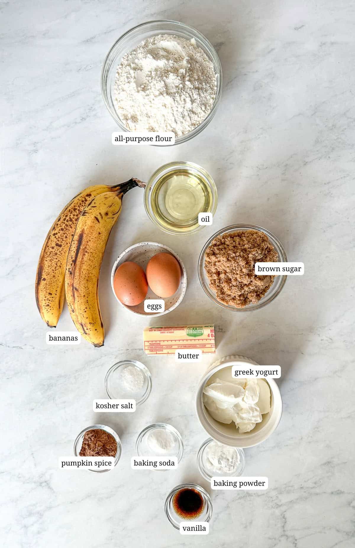 Image of ingredients needed to make pumpkin spice banana bread.