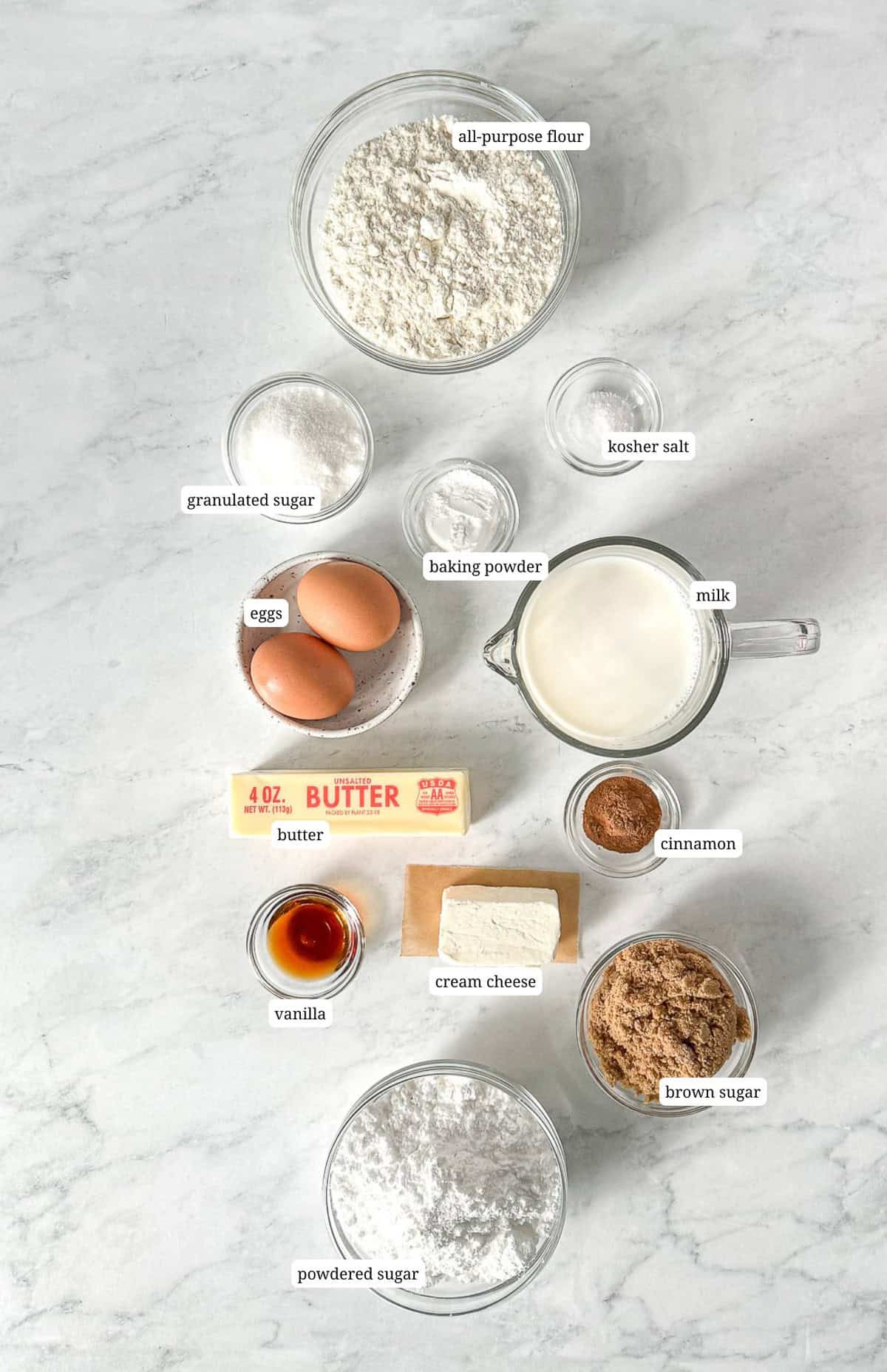 Ingredients needed to make cinnamon roll pancakes.