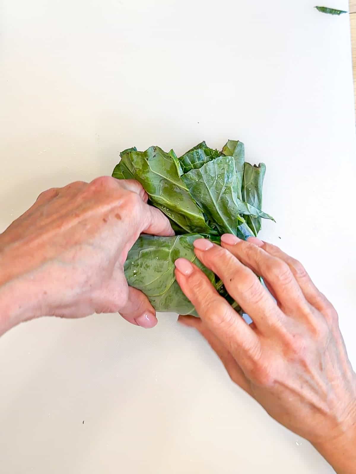 Rolling up leaves of collard greens.