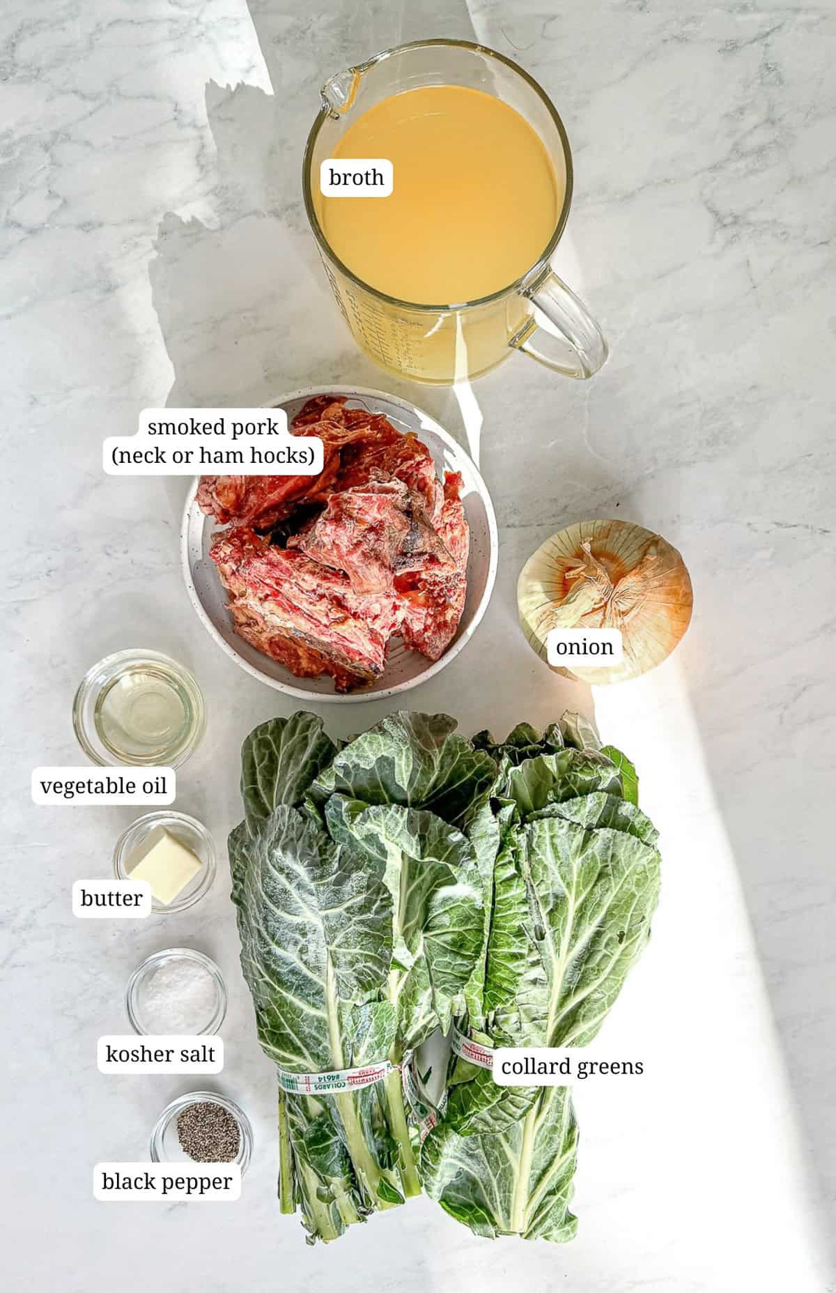 Ingredients needed to make easy, southern collard greens.