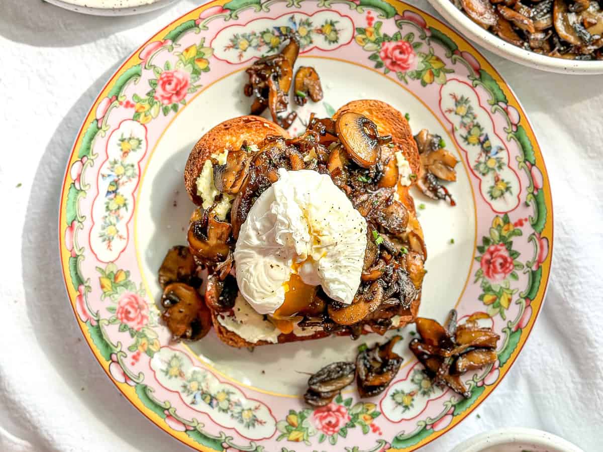 Mushroom toast with a poached egg.